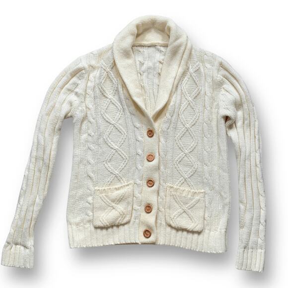 Cream Cable Knit Shawl Collar Cardigan Sweater Wood Buttons Front Pockets Medium - Picture 5 of 11